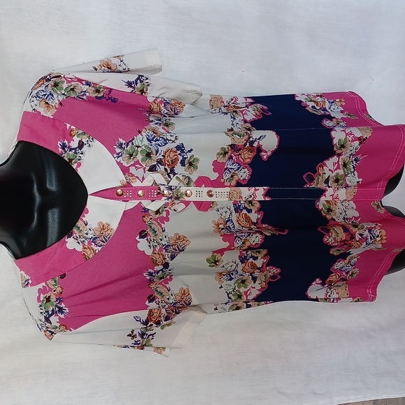 Vintage 80s Collared Blouse Pink/blue/white, cap sleeve,  stretchy,  M - Picture 1 of 4